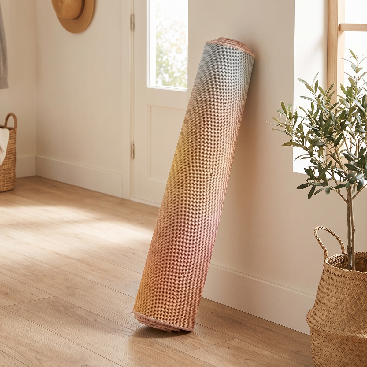 Tapis Honfleur Multicolore roulé en situation dans une entrée intérieure