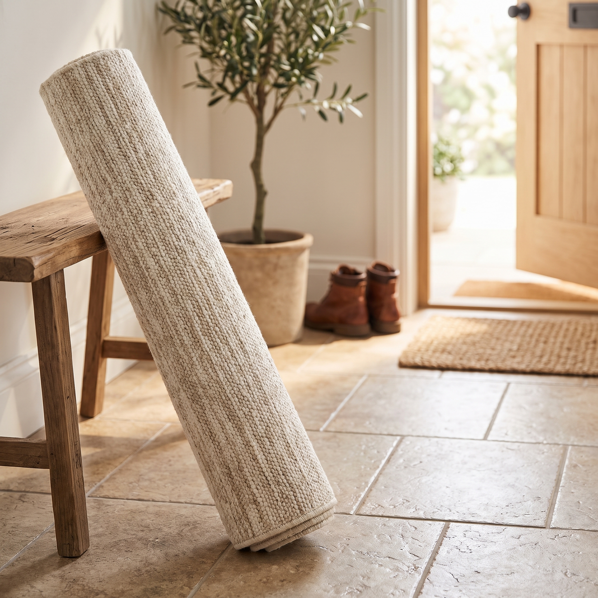 Tapis Arradon Naturel roulé en situation dans une entrée
