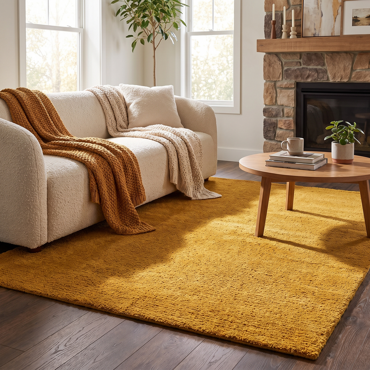 Tapis Arradon Moutarde dans un salon moderne