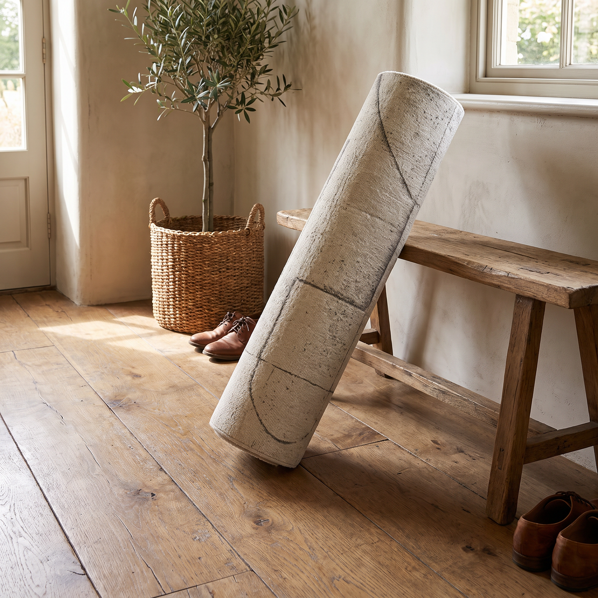 Tapis Amboise Naturel roulé en situation dans une entrée