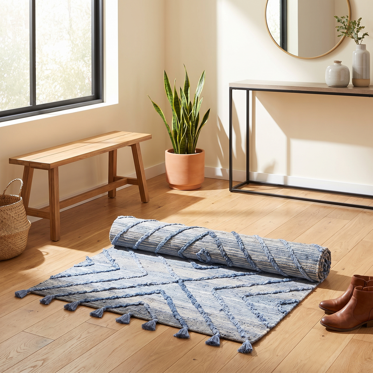 Tapis Sancerre Bleu/ivoire roulé en situation dans une entrée