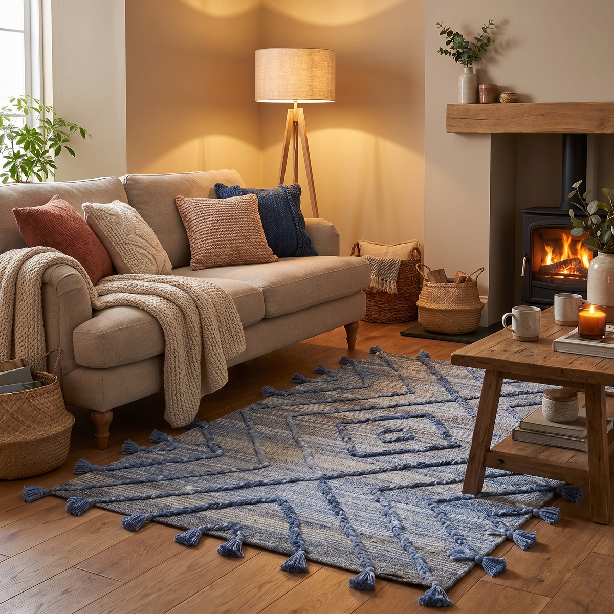 Tapis Sancerre Bleu/ivoire dans un salon moderne