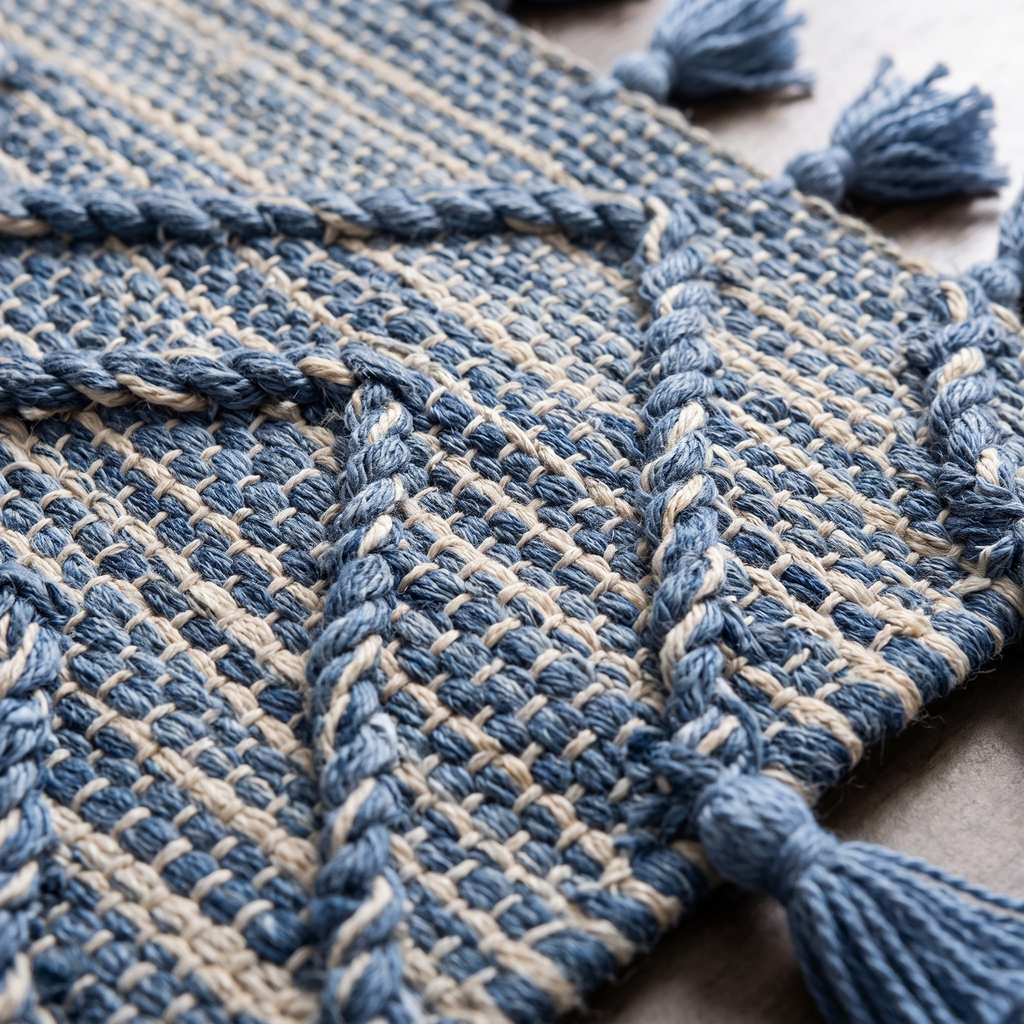 Zoom qualité du tissage du tapis Sancerre Bleu/ivoire