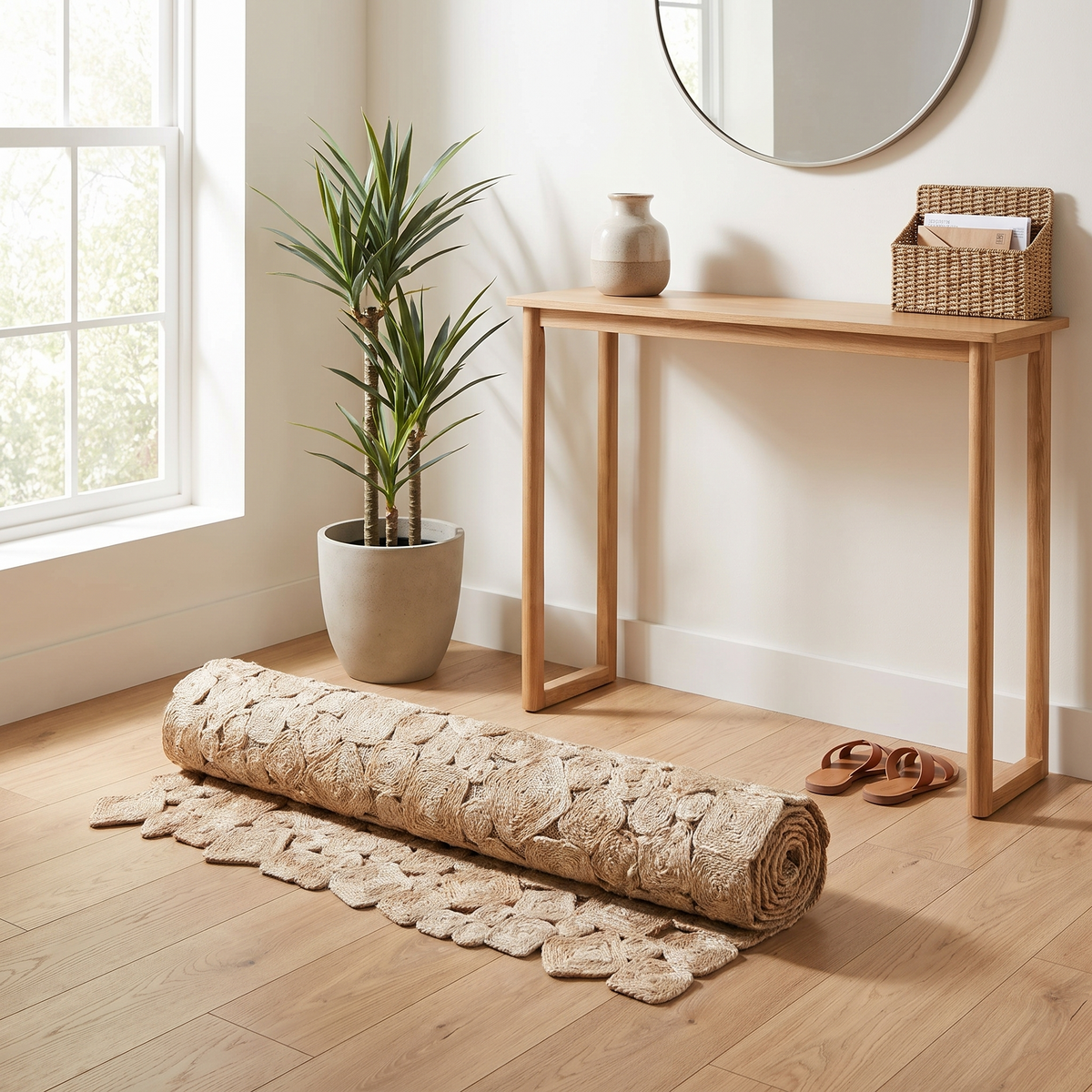 Tapis Cluny Naturel roulé en situation dans une entrée