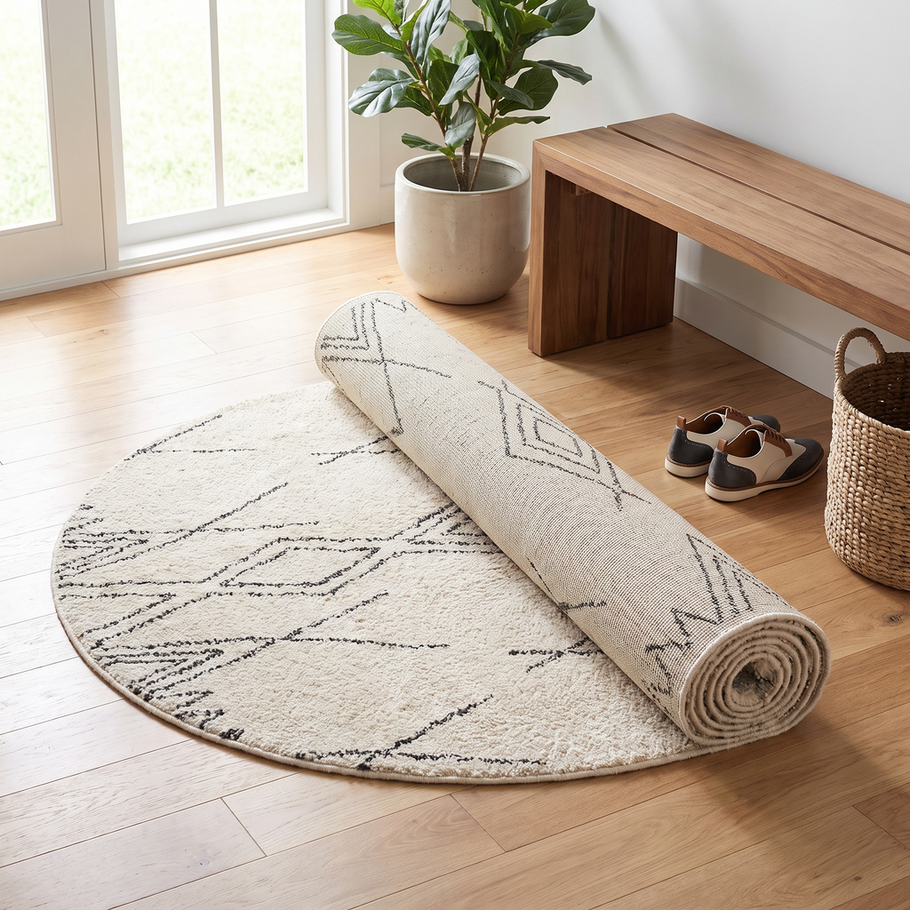 Tapis Vézelay Ivoire/charbon roulé en situation dans une entrée