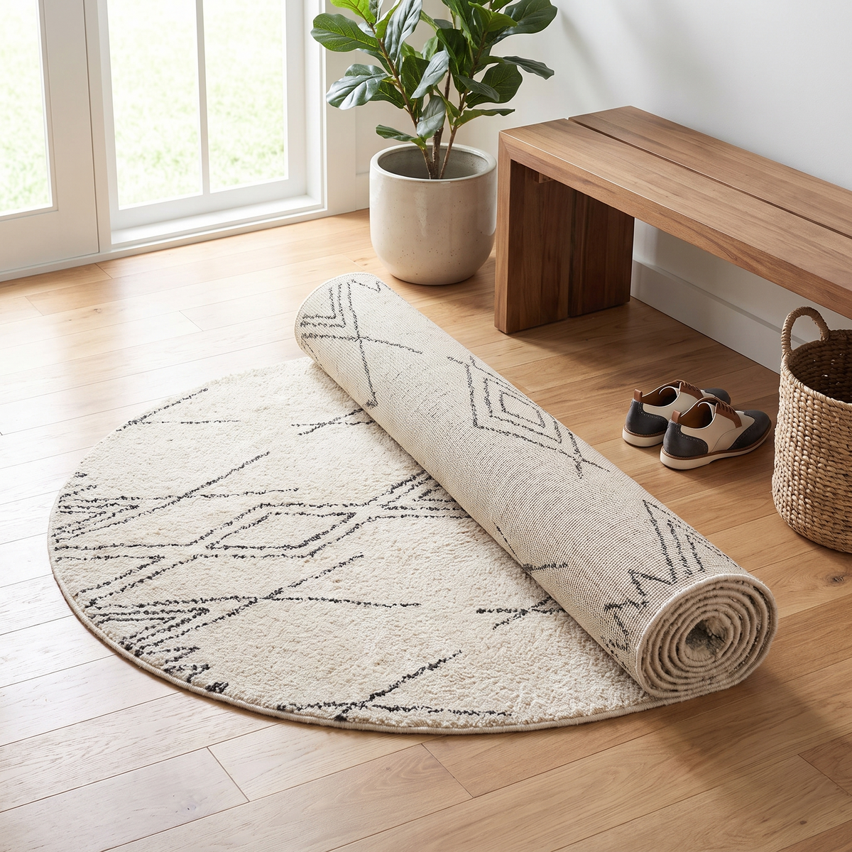 Tapis Vézelay Ivoire/charbon roulé en situation dans une entrée