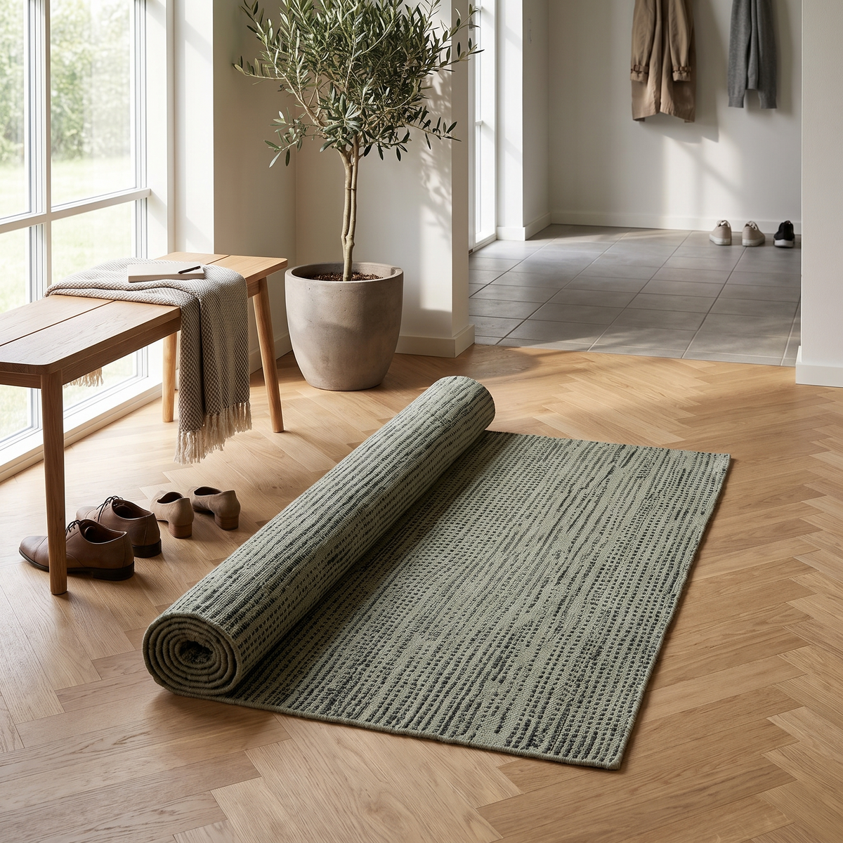 Tapis Colmar Thym roulé en situation dans une entrée