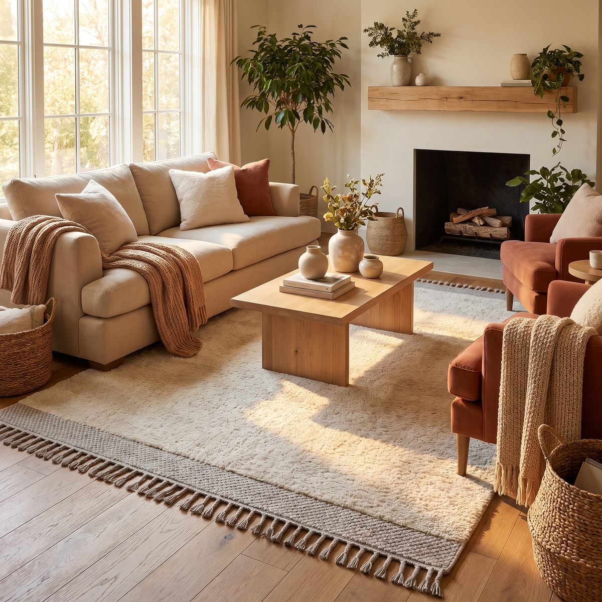Tapis Arbois Ivoire/beige dans un salon chaleureux