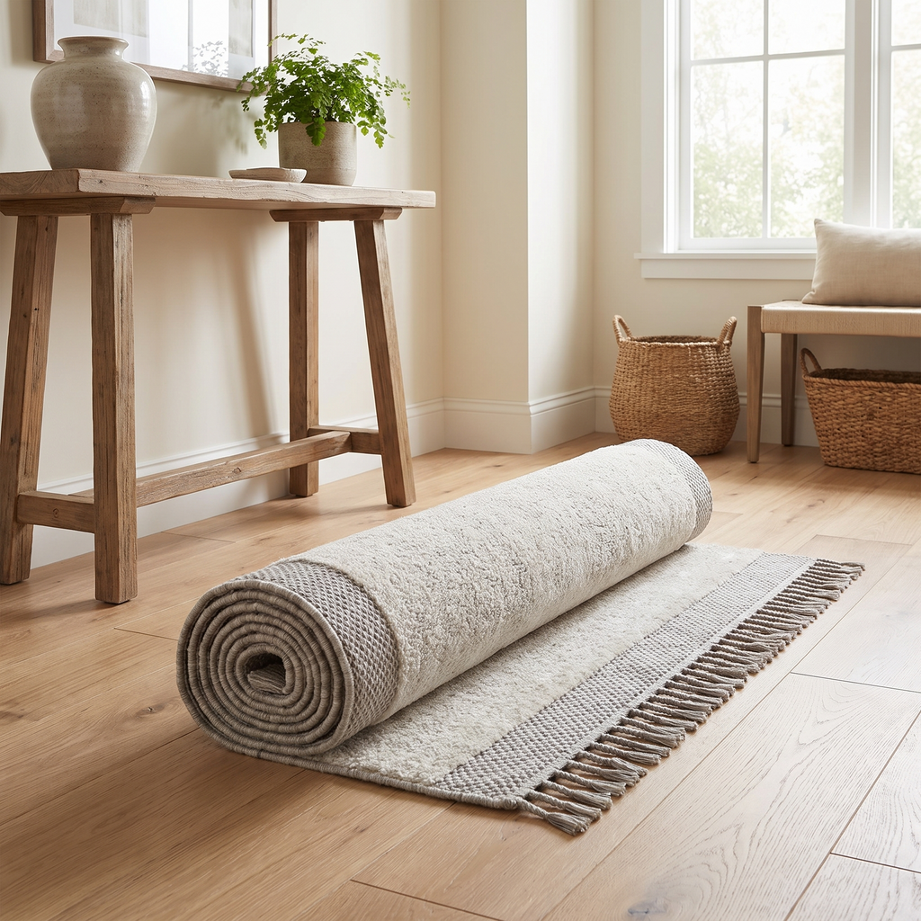 Tapis Arbois Ivoire/beige roulé en situation dans une entrée