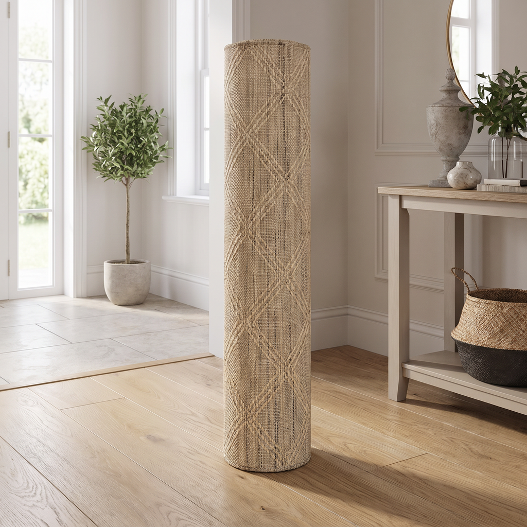Tapis Orcival Beige/naturel roulé en situation dans une entrée