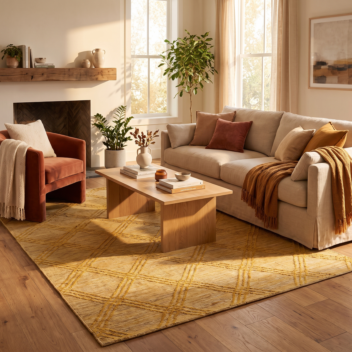 Tapis Orcival Or dans un salon chaleureux