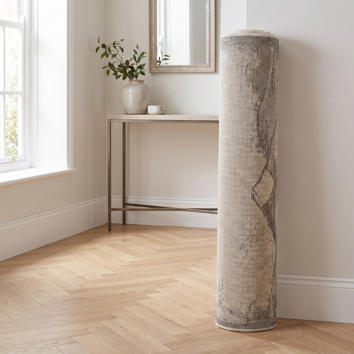Tapis Barbizon Naturel roulé en situation dans une entrée