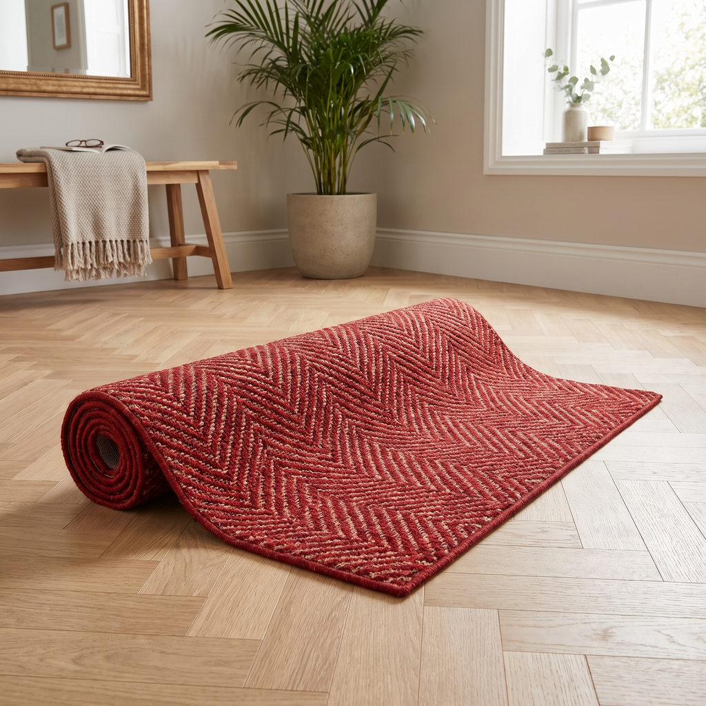 Tapis Mougins Rouge roulé en situation dans une entrée