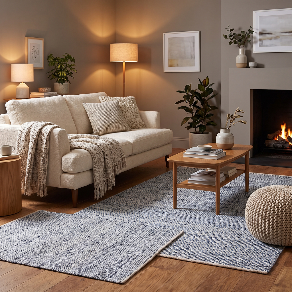 Tapis Mougins Blanc/Bleu dans un salon moderne
