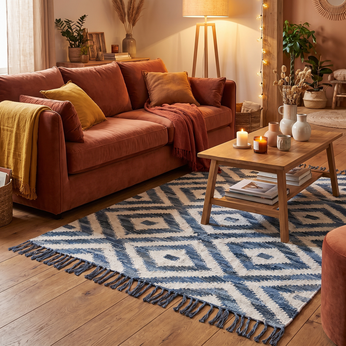 Tapis Cotignac Bleu dans un salon chaleureux