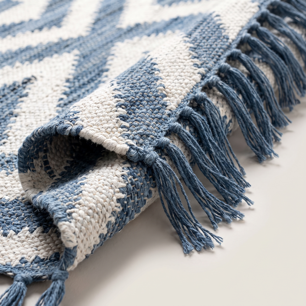 Angle et pli du tapis Cotignac Bleu - détail du tissage
