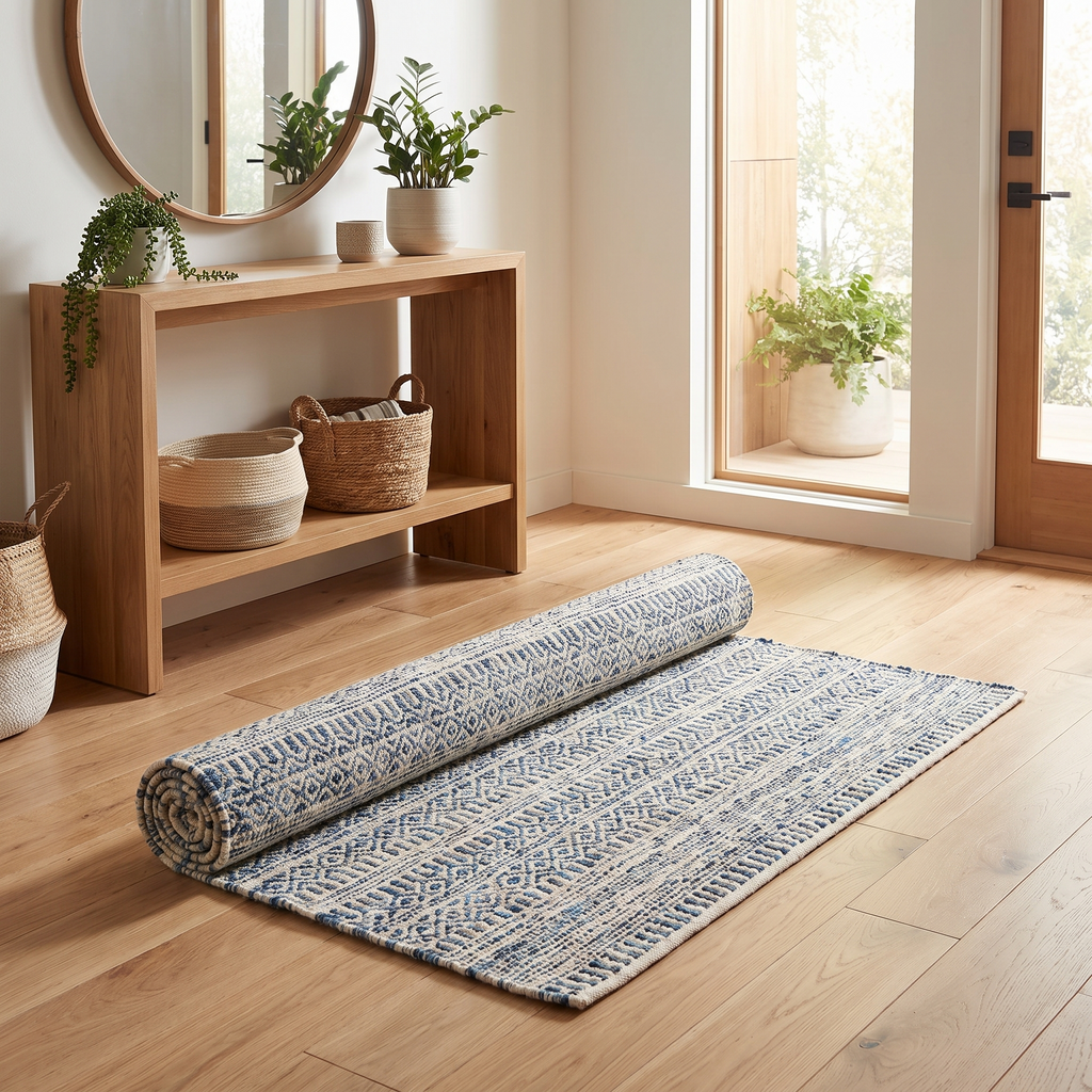 Tapis Lorgues Ivoire/bleu roulé en situation dans une entrée