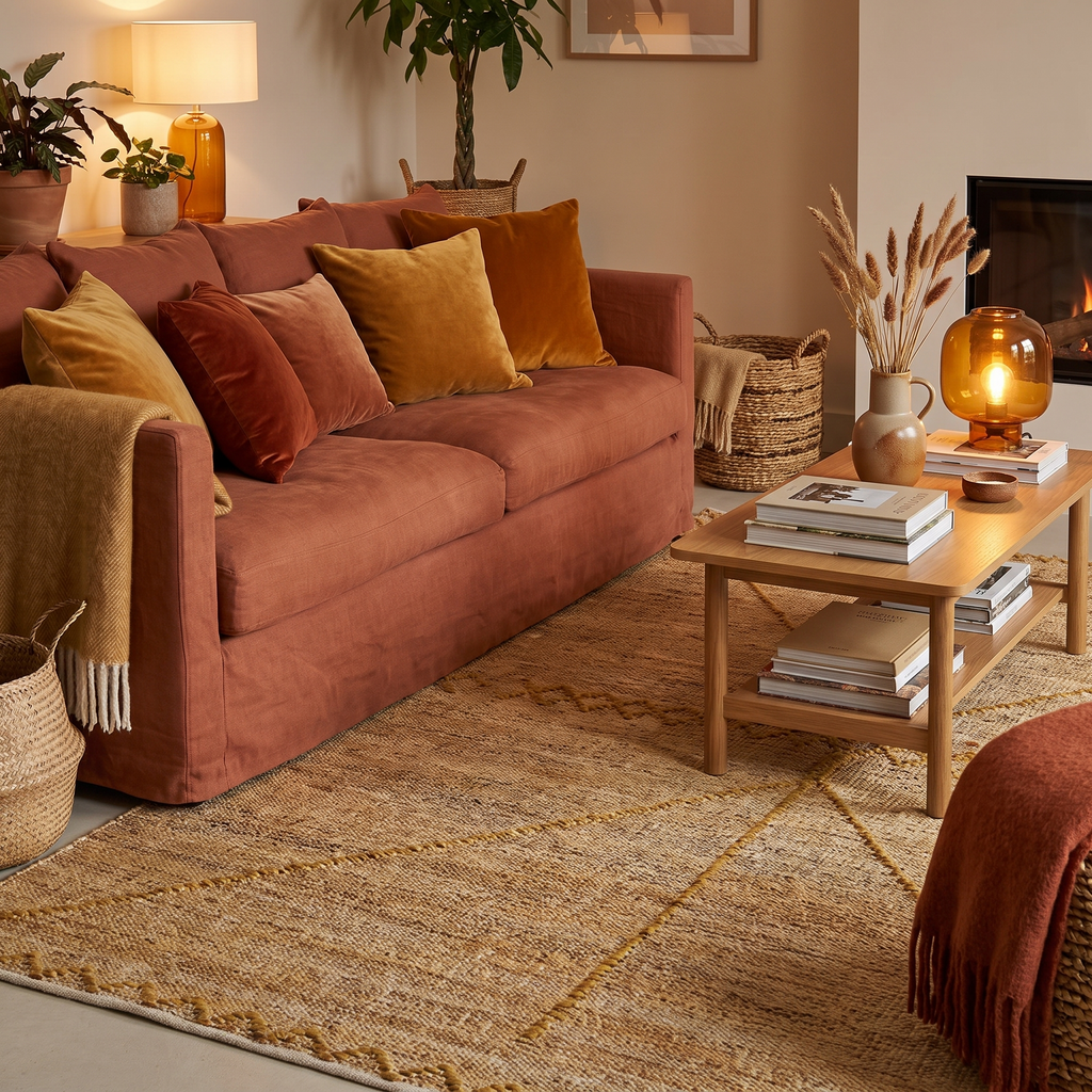 Tapis Fayence Or dans un salon chaleureux