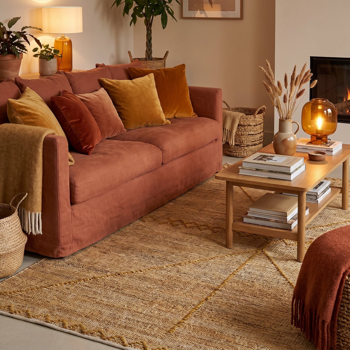 Tapis Fayence Or dans un salon chaleureux