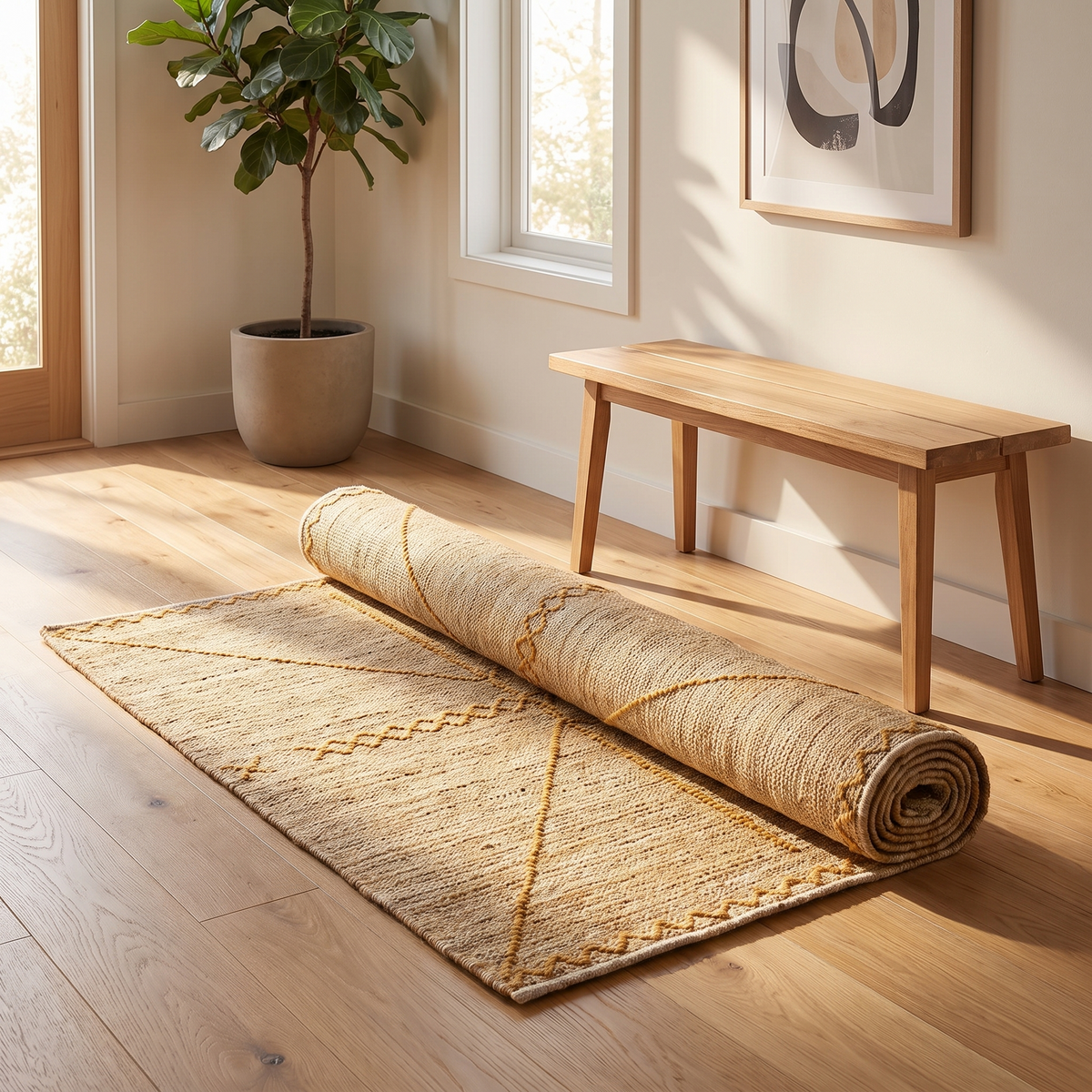 Tapis Fayence Or roulé en situation dans une entrée