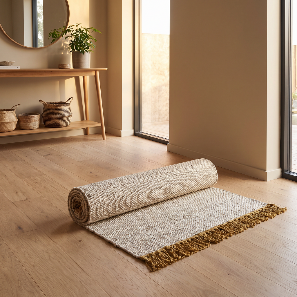 Tapis Lagrasse Or roulé en situation dans une entrée
