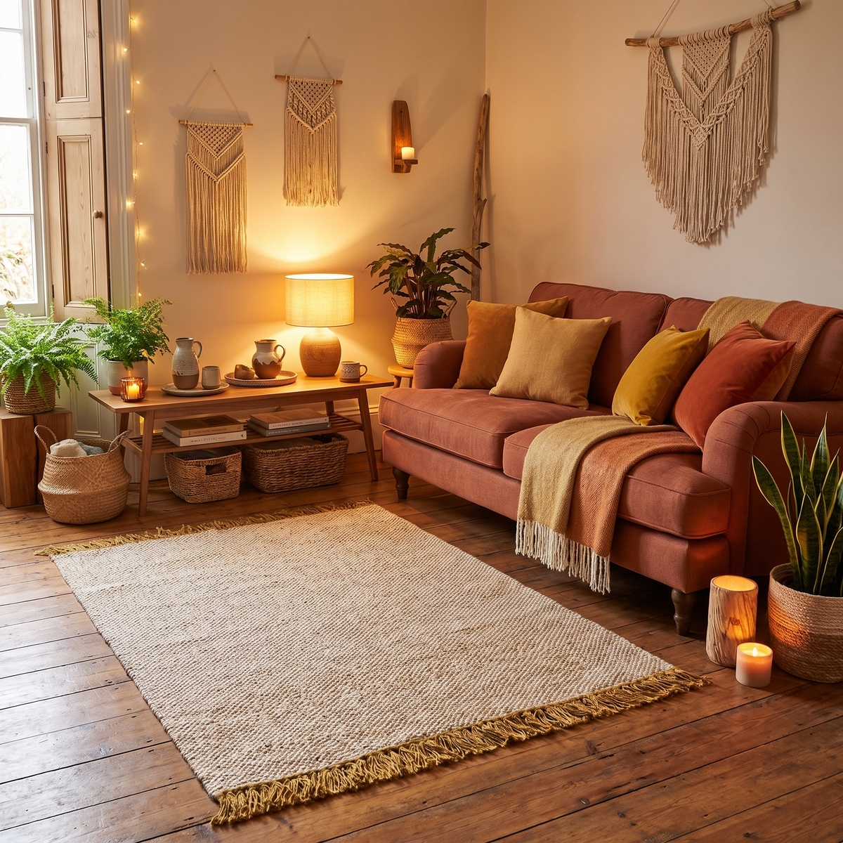 Tapis Lagrasse Or dans un salon chaleureux
