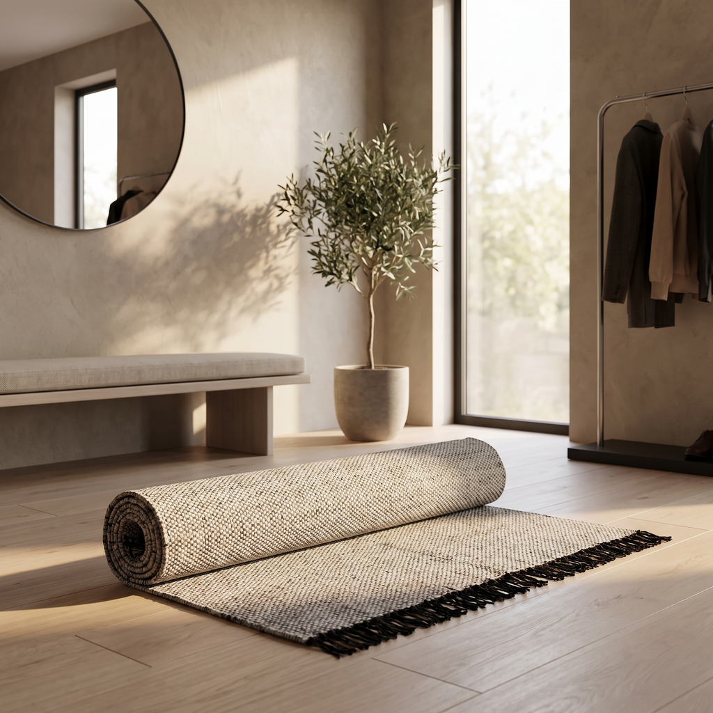 Tapis Lagrasse Gris roulé en situation dans une entrée