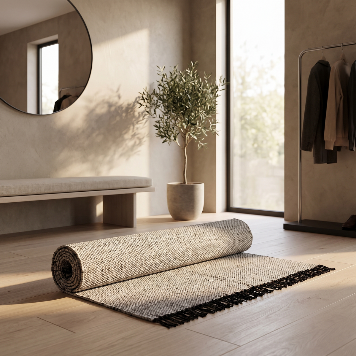 Tapis Lagrasse Gris roulé en situation dans une entrée