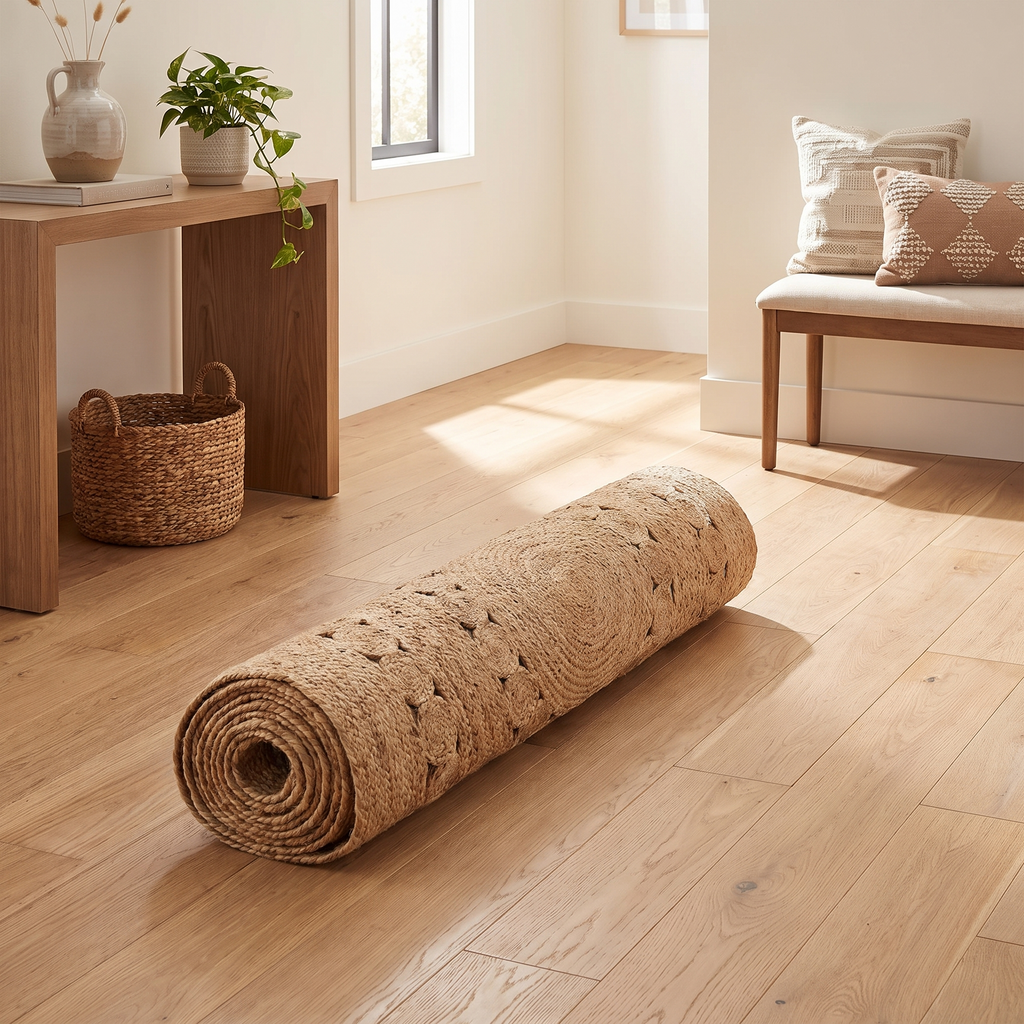 Tapis Minerve Naturel roulé en situation dans une entrée