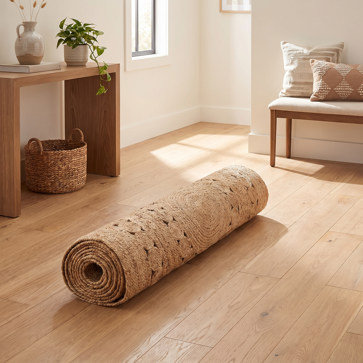 Tapis Minerve Naturel roulé en situation dans une entrée