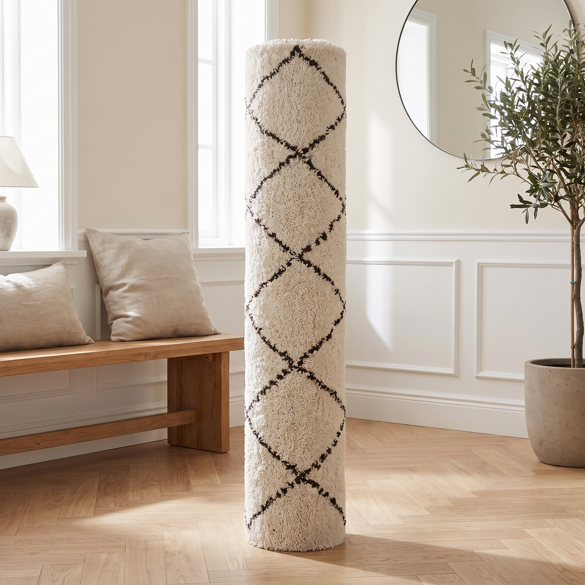 Tapis Pérouges Beige roulé en entrée