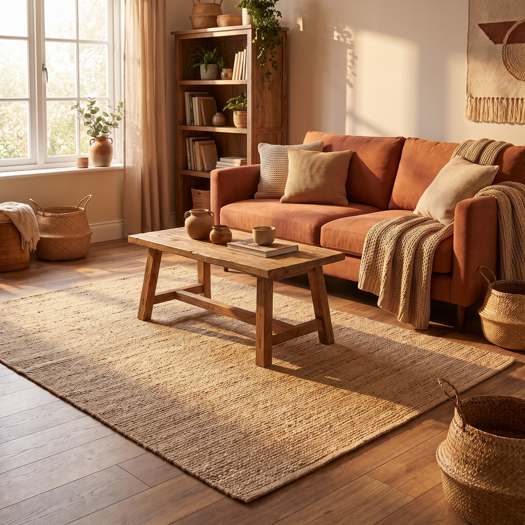 Tapis uni Loubressac Naturel salon ambiance 1