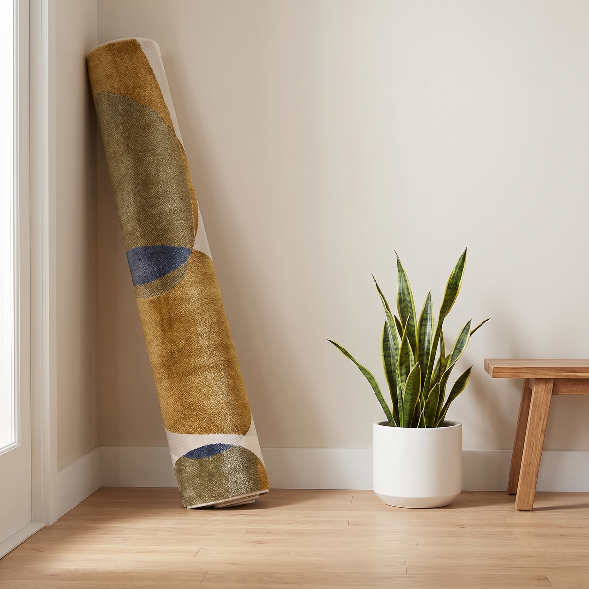 Tapis Ossau Thym roulé en situation dans une entrée intérieure