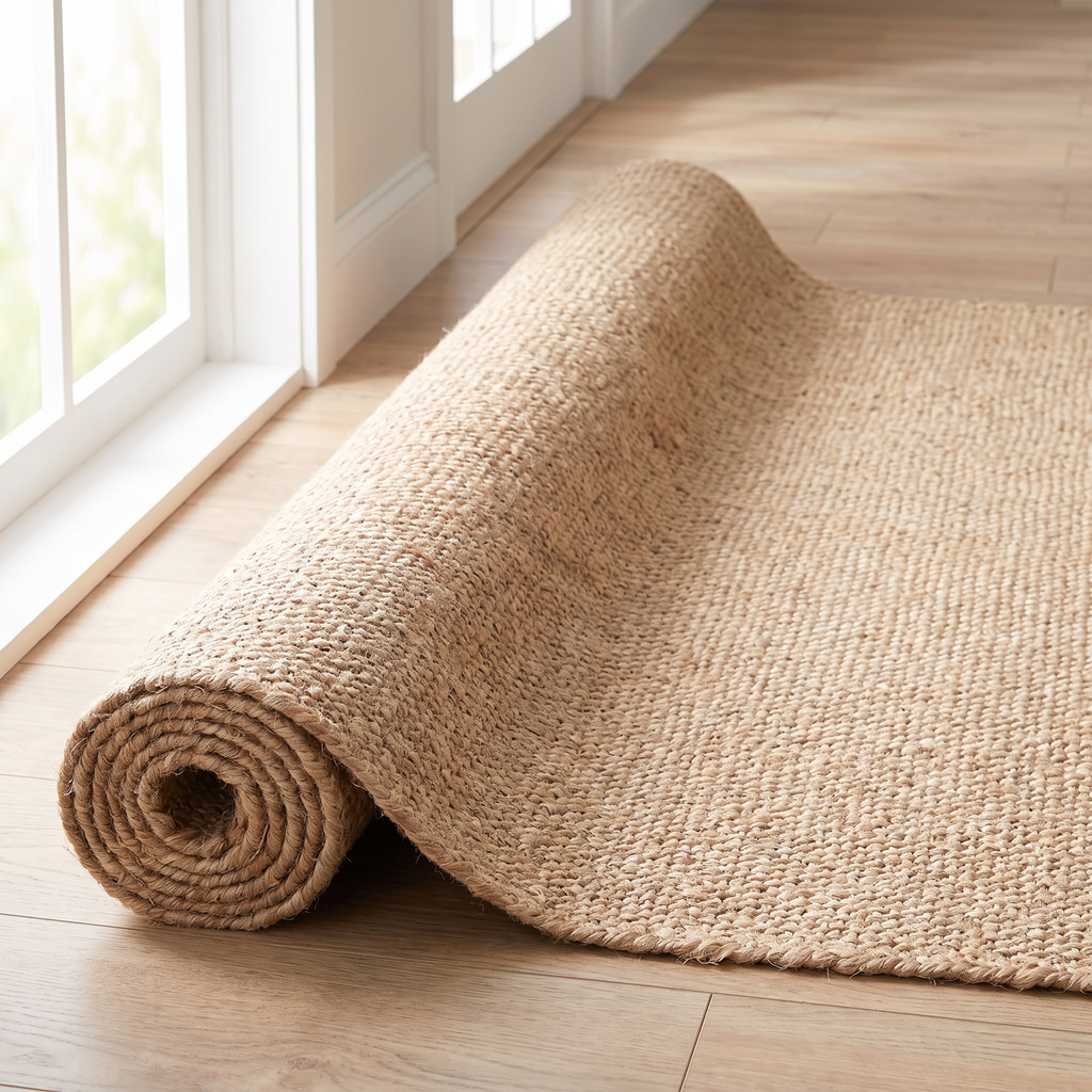 Tapis uni Loubressac Naturel roulé en entrée