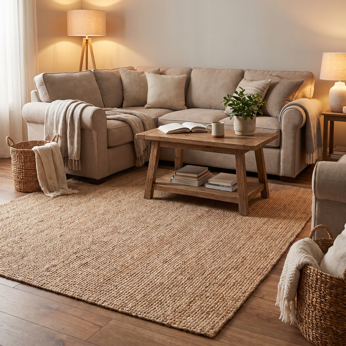 Tapis uni Loubressac Naturel salon ambiance 2
