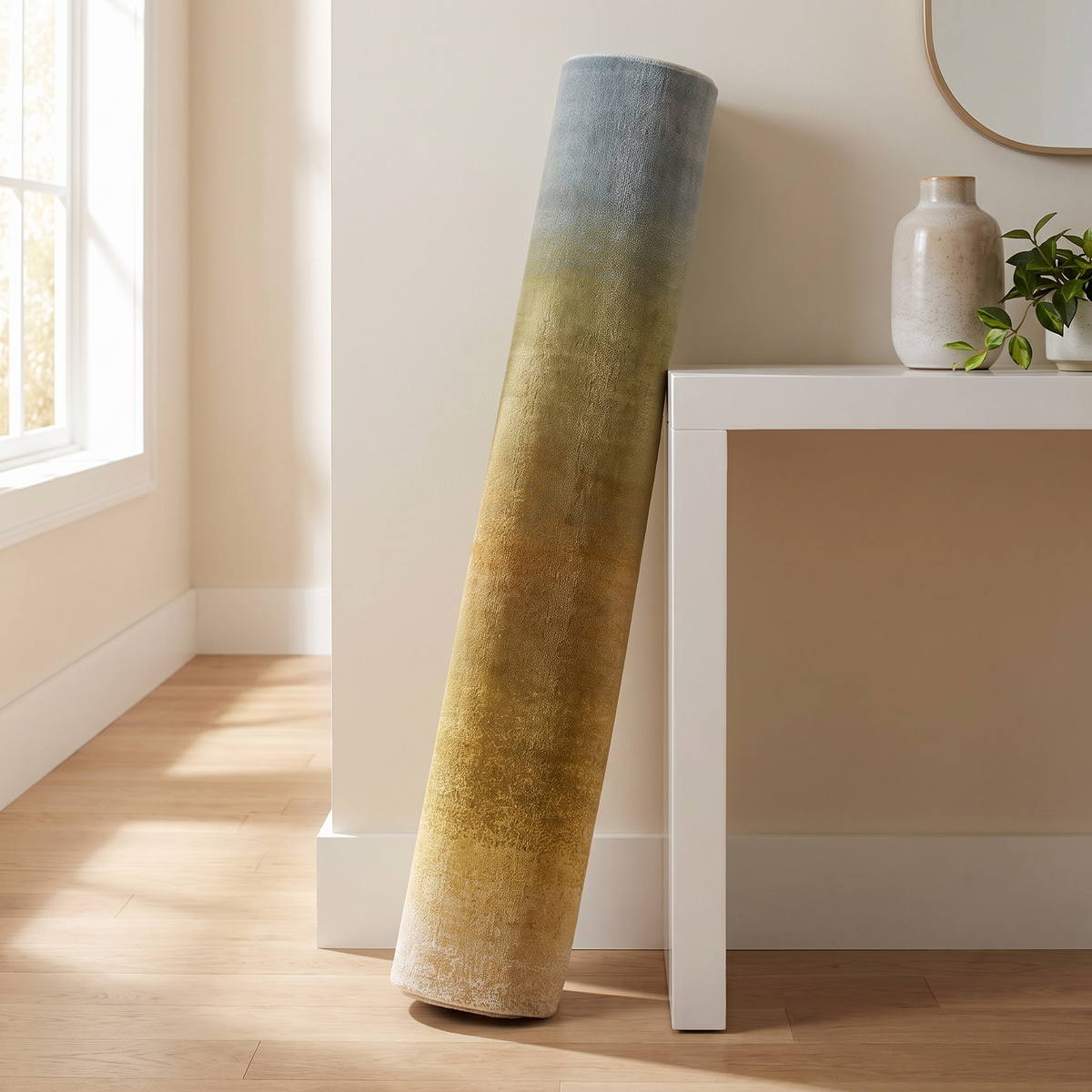 Tapis Sare Thym roulé en situation dans une entrée intérieure