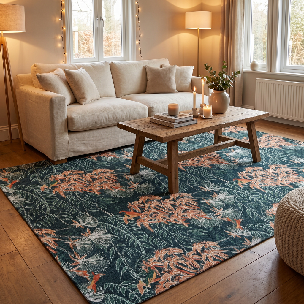 Tapis Talloires Prusse dans un salon chaleureux