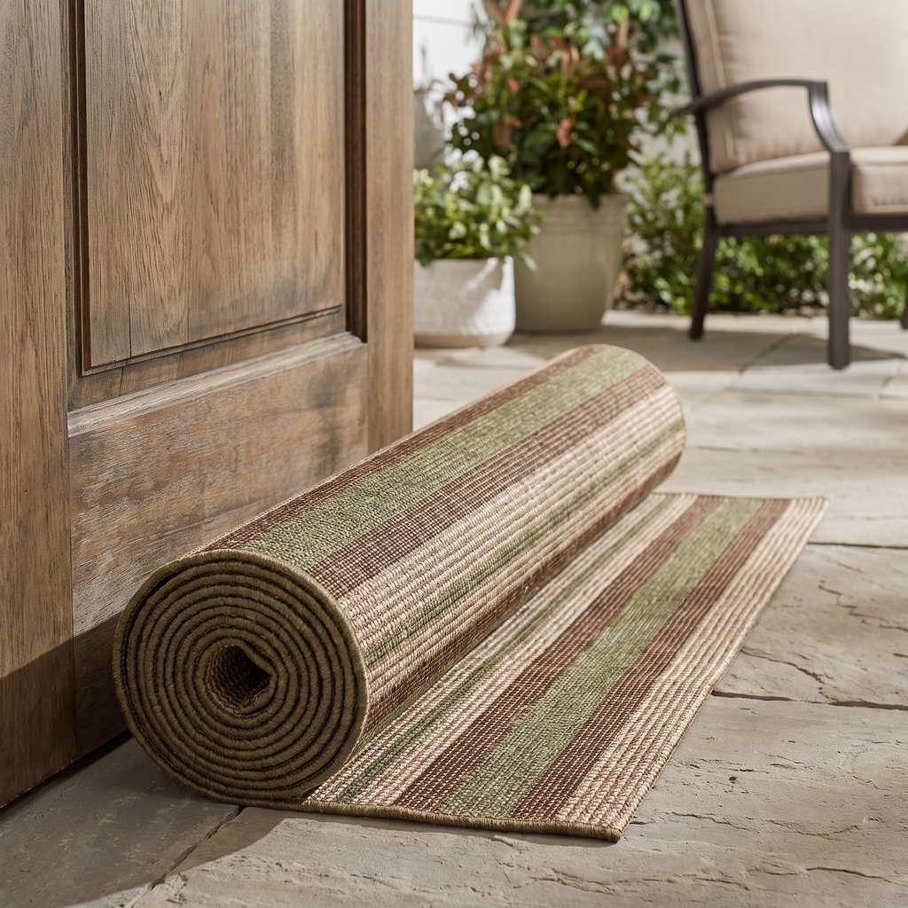 Tapis Agay Naturel roulé en situation dans une entrée extérieure