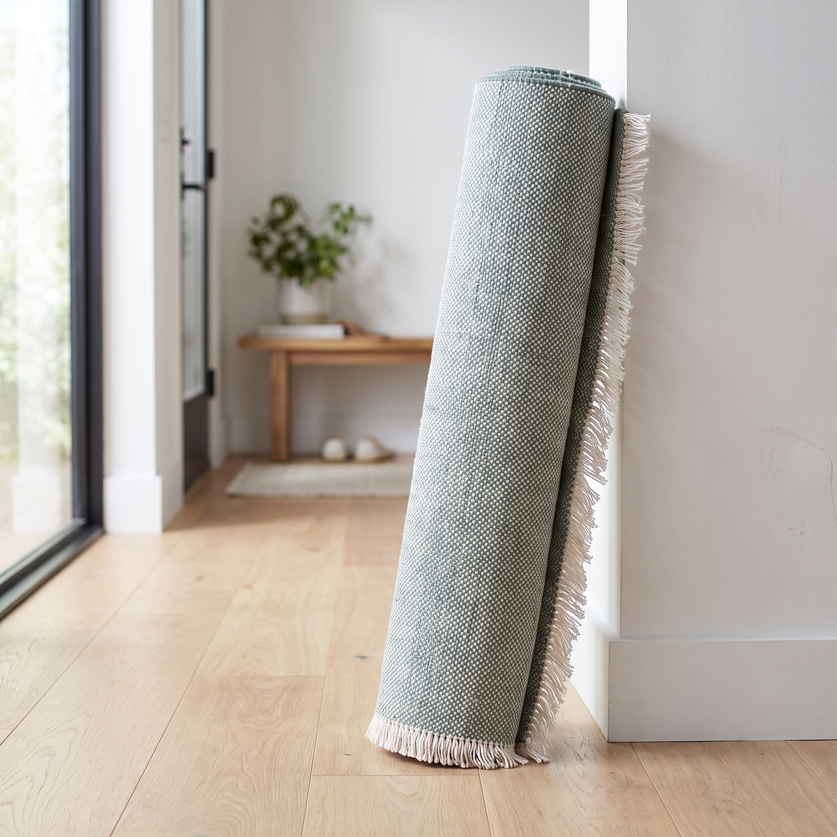 Tapis Banon Opaline roulé en situation dans une entrée