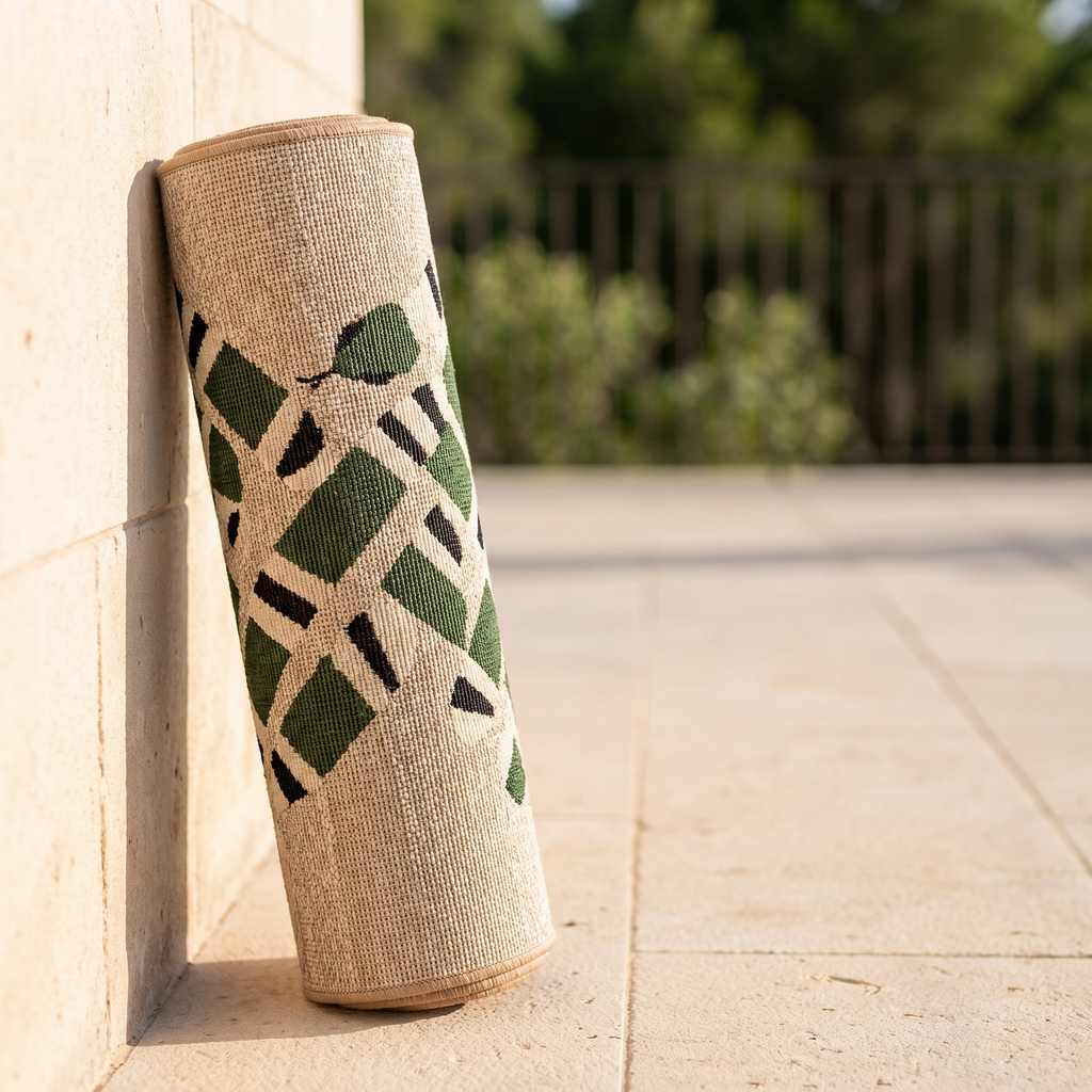 Tapis Sanary Naturel roulé en situation dans une entrée extérieure