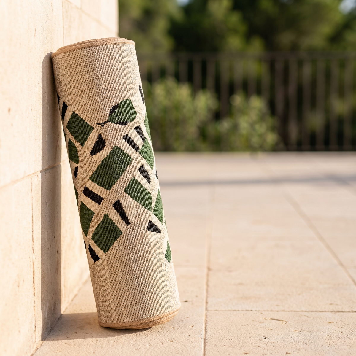 Tapis Sanary Naturel roulé en situation dans une entrée extérieure