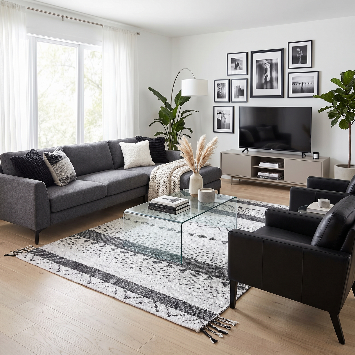 Tapis Carennac Blanc/noir salon ambiance 2