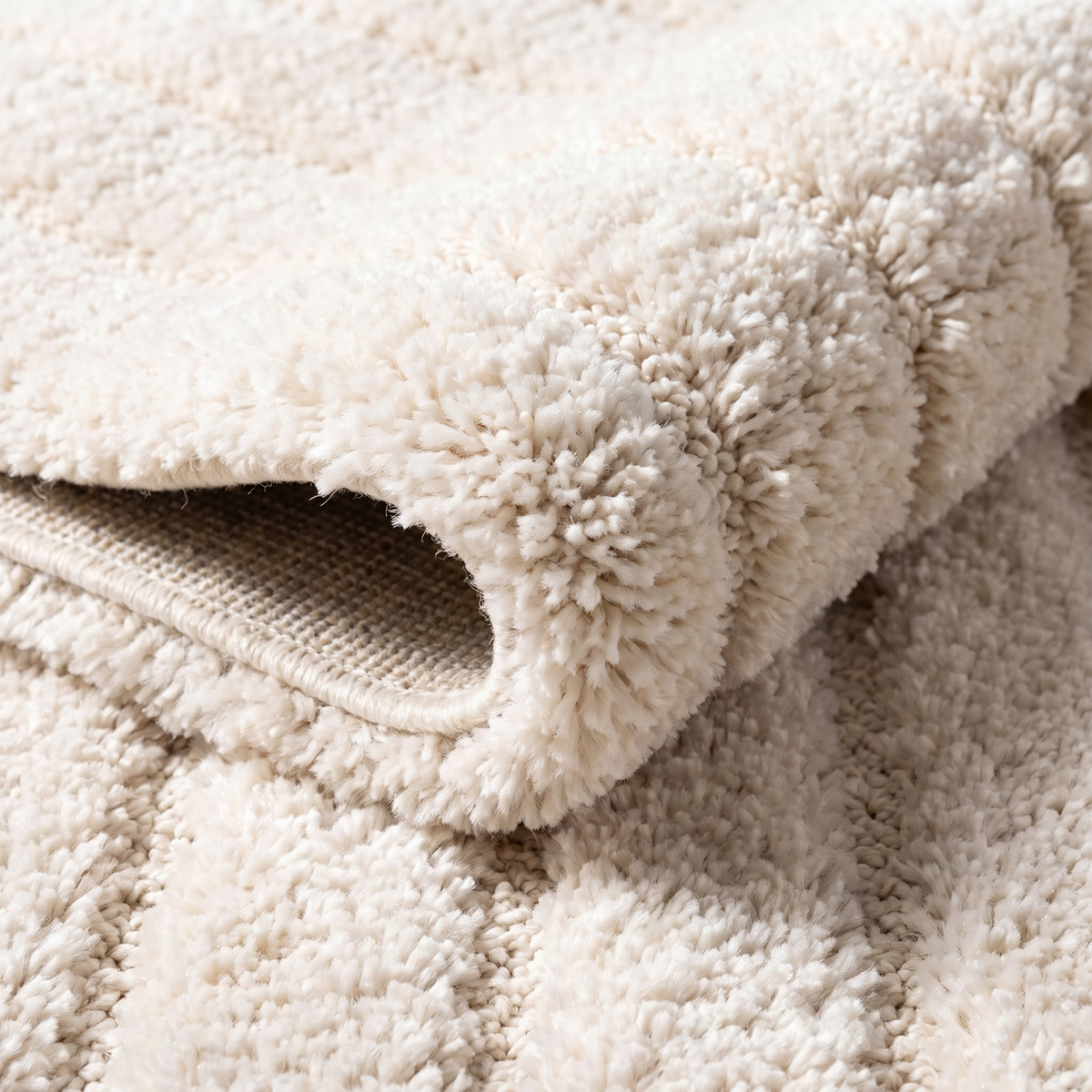 Angle et pli du tapis recyclé Ventoux Neige - détail du tissage