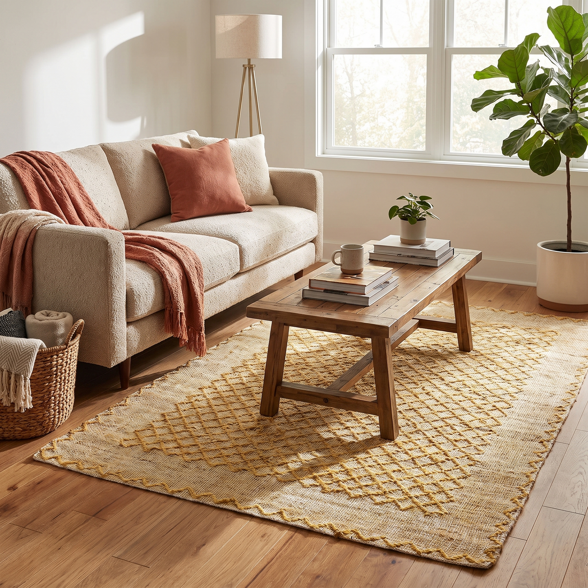 Tapis Salers Or dans un salon chaleureux
