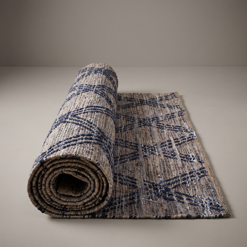 Tapis Orcival Navy roulé en situation dans une entrée