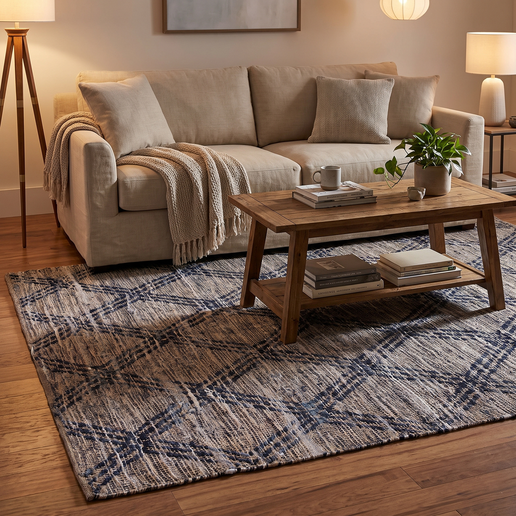 Tapis Orcival Navy dans un salon chaleureux