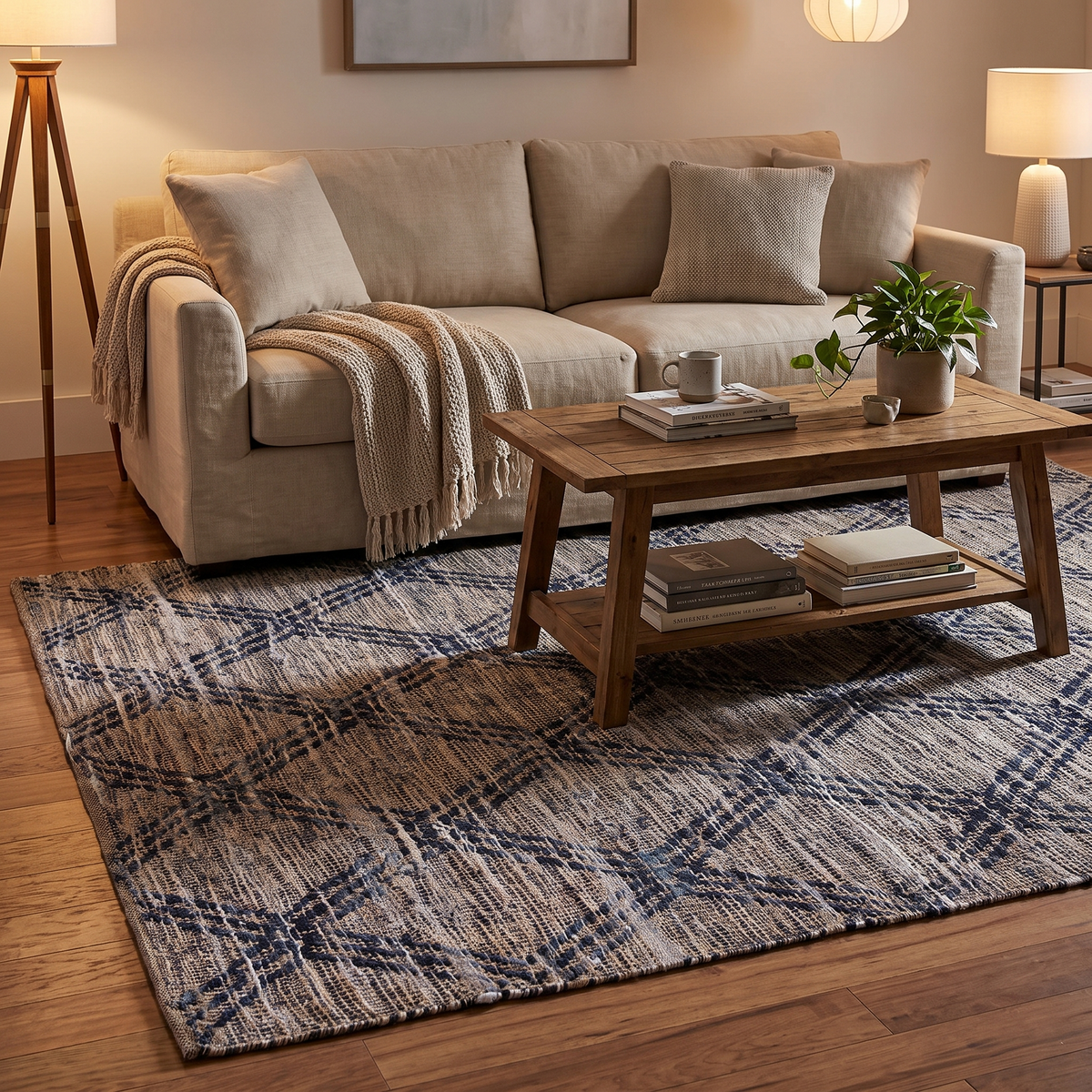 Tapis Orcival Navy dans un salon chaleureux