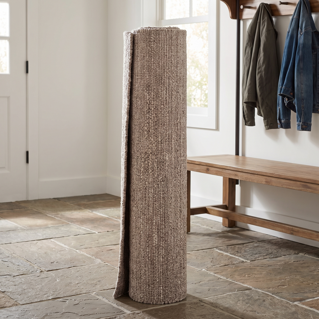 Tapis Dieulefit Naturel roulé en situation dans une entrée