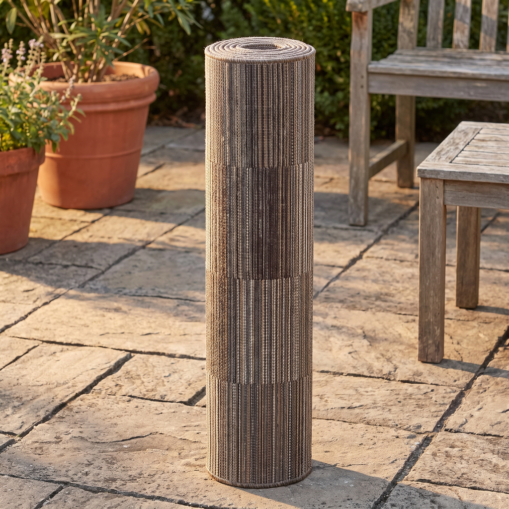 Tapis Bandol Naturel roulé en situation dans une entrée extérieure