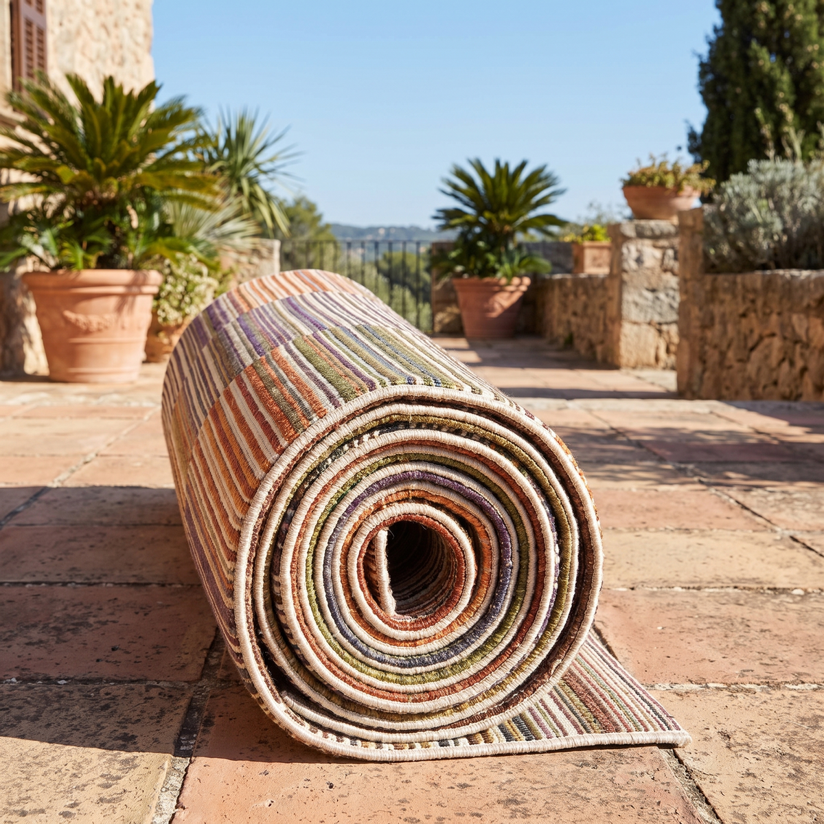 Tapis Bandol Papaye roulé en situation dans une entrée extérieure